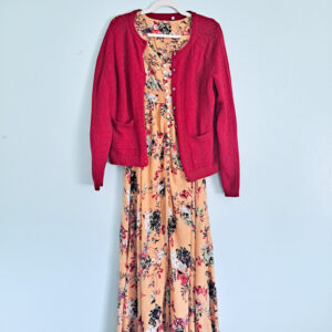 Thrifted dress and red sweater
