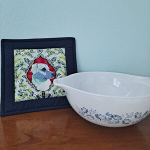fussy cut hot pad with Corning casserole dish