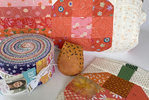 pumpkin quilt block with jellyroll and owl pincushion