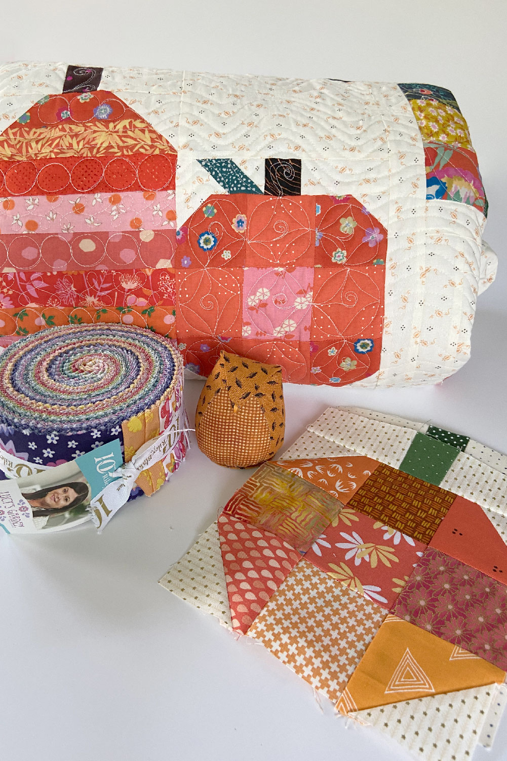 pumpkin quilt block with jellyroll and owl pincushion