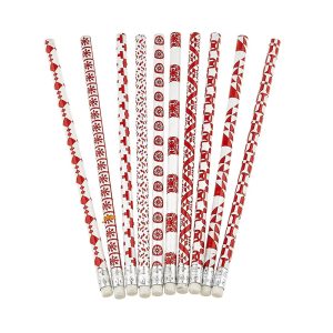 red and white quilt themed pencils