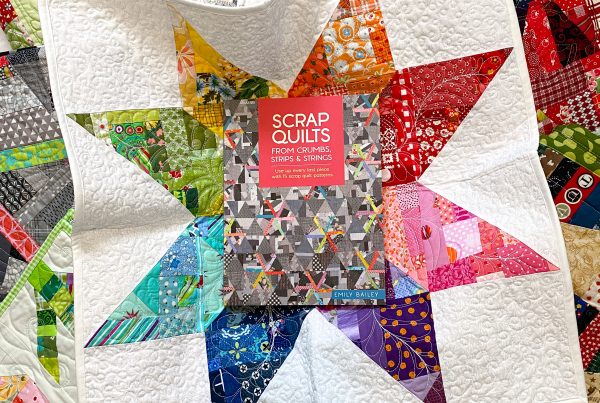 Scrap Quilt book in center of crumb star quilt.